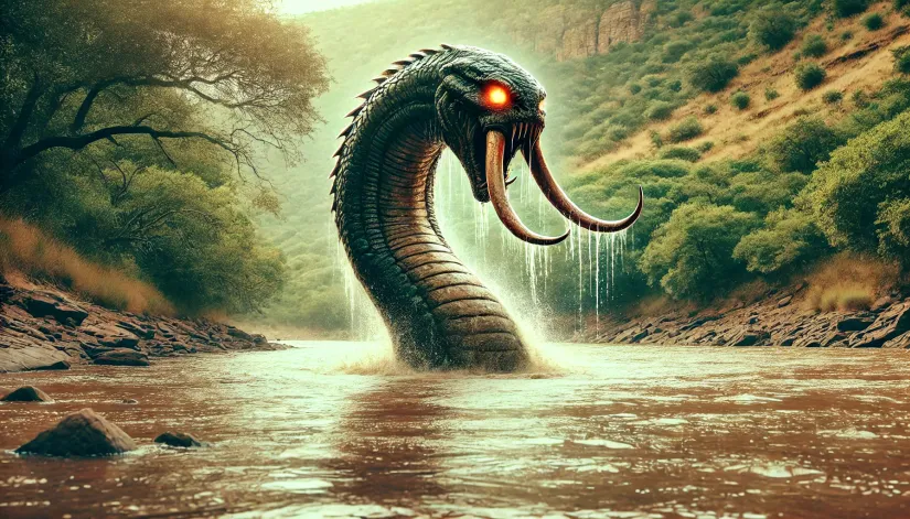 The Grootslang emerging from the waters of the Orange River, its serpentine body and elephant head visible.