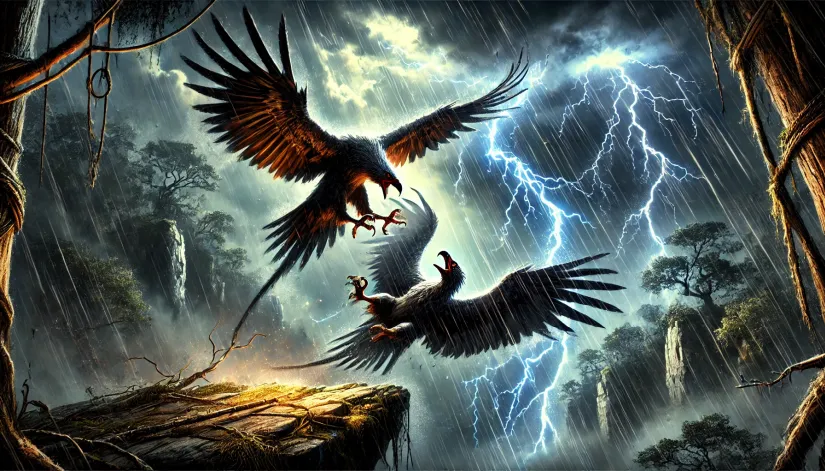 The Impundulu attacking during a thunderstorm, with its sharp beak and claws highlighted.