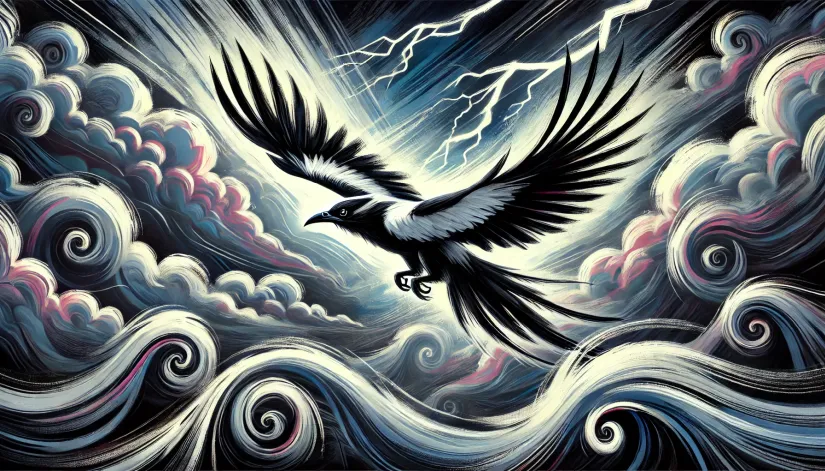 Impundulu-Close-Up-Cryptid Close-up of Impundulu cryptid, showing intricate black and white plumage and red eyes against a stormy sky with lightning.