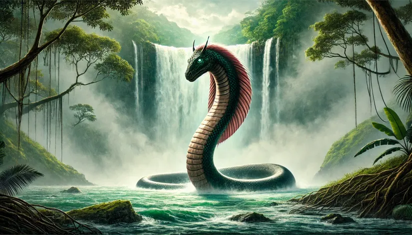 Inkanyamba-Waterfall-Cryptid Inkanyamba cryptid, emerging from water near a waterfall, with horse-like head and eel-like body, surrounded by lush greenery and mist.