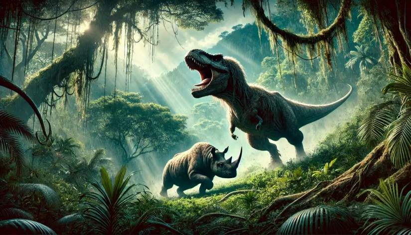 Kasai-Rex-Attacking-Rhino-Cryptid Kasai Rex cryptid, resembling a Tyrannosaurus rex, attacking a rhinoceros in a dense jungle with lush vegetation.