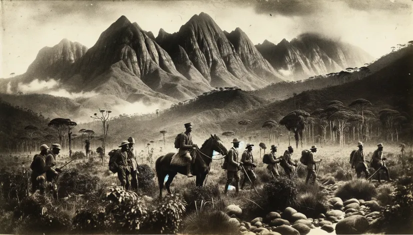 Kenneth-Gandar-Dower-Expedition-1933 The 1933 expedition led by Kenneth Gandar-Dower in the Aberdare Mountains, with explorers on horseback and local guides.