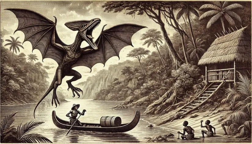 Kongamato-Attacking-Canoe-Cryptid Kongamato cryptid, a pterosaur-like creature, attacking a canoe on a river in Zambia with dense jungle surroundings.