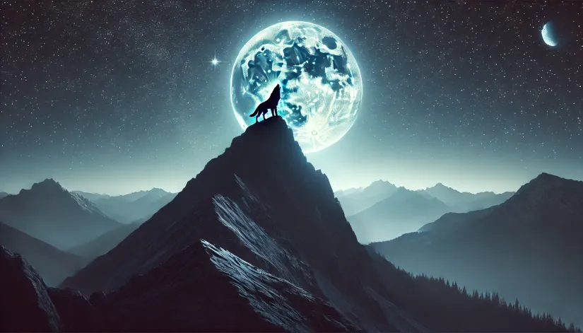 Lone-Werewolf-Moonlit-Mountain Moonlit mountain peak with a lone werewolf howling at the sky, with stars visible in the clear night sky.