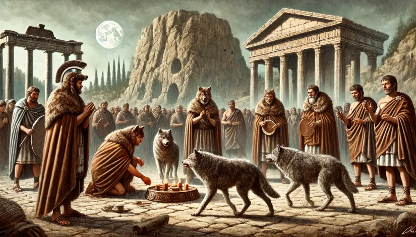 Luperci priests in wolf skins performing rituals during the Lupercalia festival in ancient Rome.