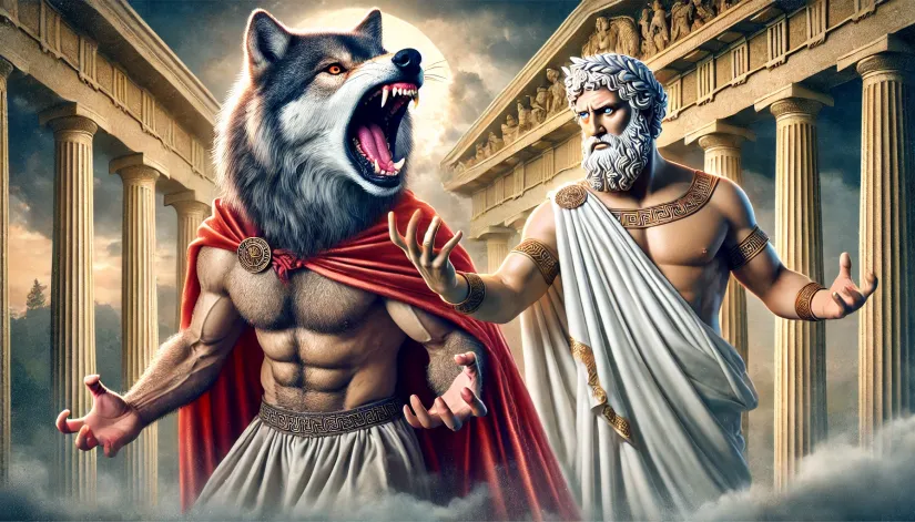 Lycaon transforming into a wolf as Zeus watches in Greek mythology.