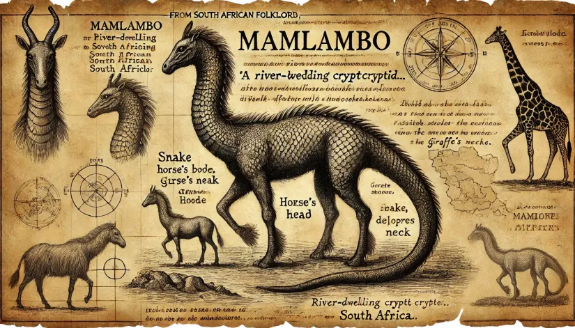 Mamlambo-Explorers-Journal-Cryptid Detailed sketch of Mamlambo cryptid in an explorer's journal style, with annotations and descriptions, on weathered paper.