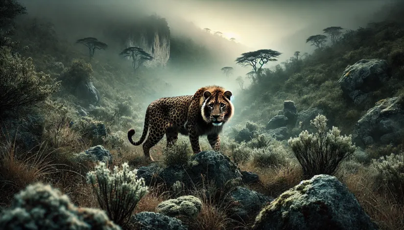 A spotted Marozi lion prowling in the misty mountains of Kenya.