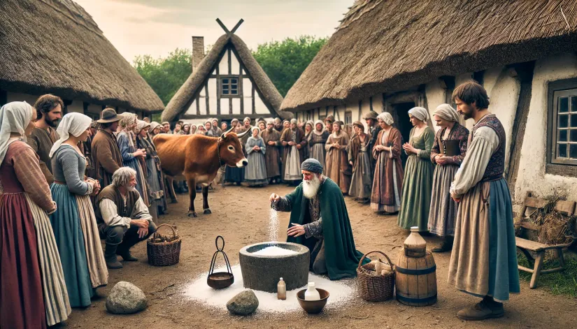 Thiess of Kaltenbrun performing a healing ritual on a cow in a medieval village.