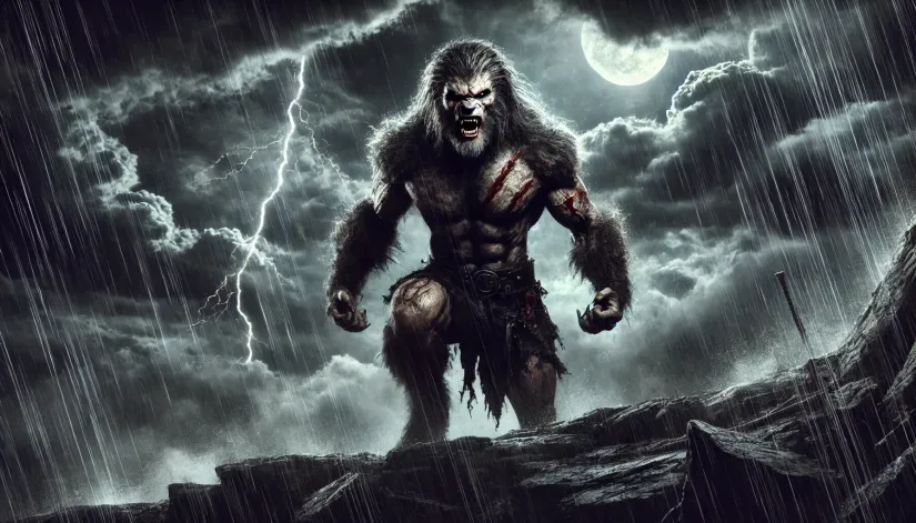 Menacing-Scarred-Werewolf-Cliff Powerful werewolf with battle scars and a menacing expression, standing on top of a rocky cliff with storm clouds gathering in the background.
