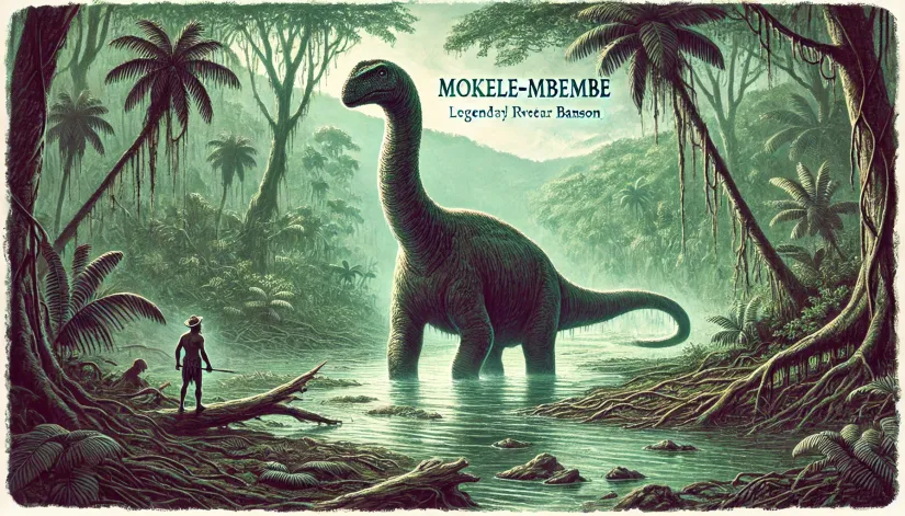 Mokele-Mbembe-Dinosaur-Cryptid Mokele-Mbembe cryptid, resembling a small sauropod dinosaur, in a dense swampy jungle of the Congo River Basin.