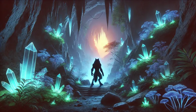 Mystical-Cave-Werewolf-Twilight Fantasy werewolf names: Werewolf with an ethereal appearance standing on the edge of an enchanted forest.
