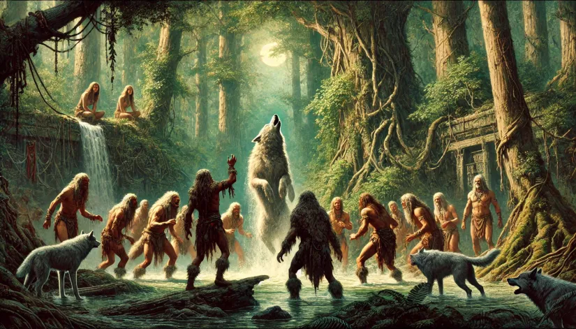 The Neuri tribe from Greek mythology transforming into wolves in an ancient forest.