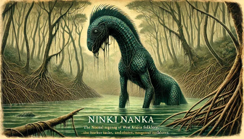 Ninki-Nanka-Scaly-Cryptid Ninki Nanka cryptid, with a long neck, horse-like face, and reptilian body, in a swampy mangrove forest.