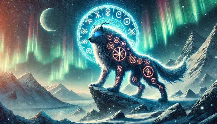 Norse-Mythology-Werewolf-Mountain Legendary werewolf from Norse mythology with glowing runes on its fur, standing on a snowy mountaintop with the Northern Lights in the sky.