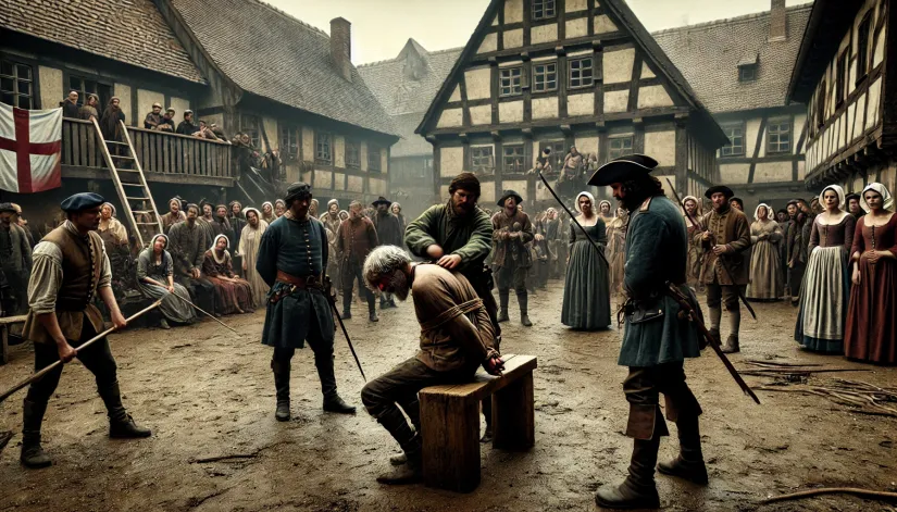 Thiess of Kaltenbrun receiving a public whipping in a medieval village square.