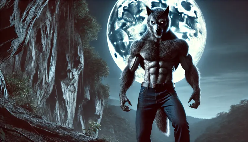 Rugged-Male-Werewolf-Cliff Rugged male werewolf, shirtless and muscular, standing on a rocky cliff with the full moon behind him and glowing eyes.