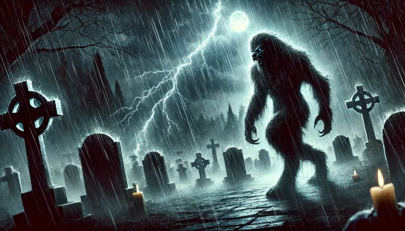 Stormy-Night-Werewolf-Cemetery Dark and stormy night with heavy rain and lightning, with a werewolf prowling through a haunted cemetery.