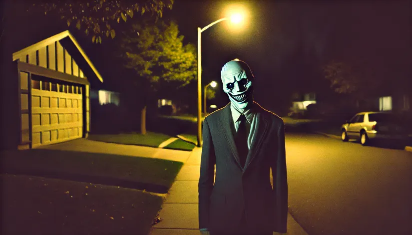 The Smiling Man stalking a quiet suburban street at night