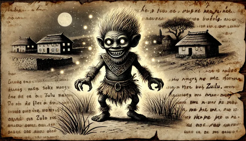 Tokoloshe-Folklore-Illustration-Cryptid Artistic depiction of Tokoloshe cryptid in an old folklore illustration style, with a tiny hairy humanoid figure and a rural village at night background.