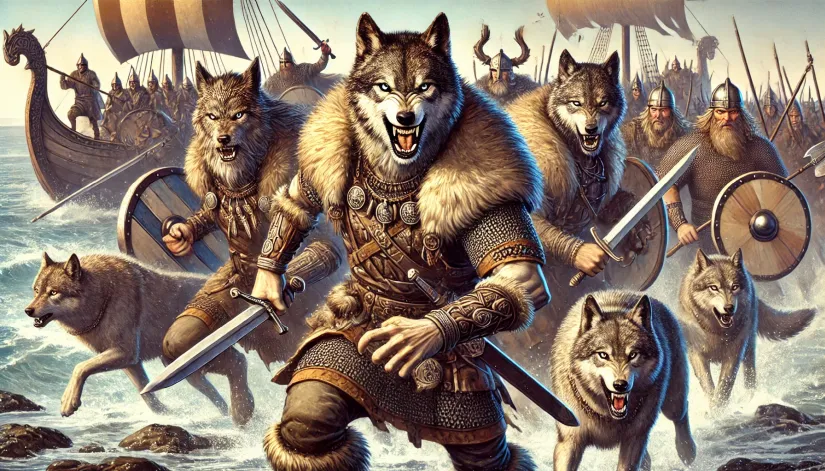 Famous werewolves in mythology: Ulfhednar warriors in wolf pelts charging into battle in Norse mythology.