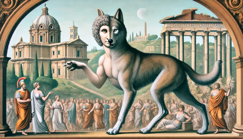 Ancient Roman "versipellis" mid-transformation into a wolf.