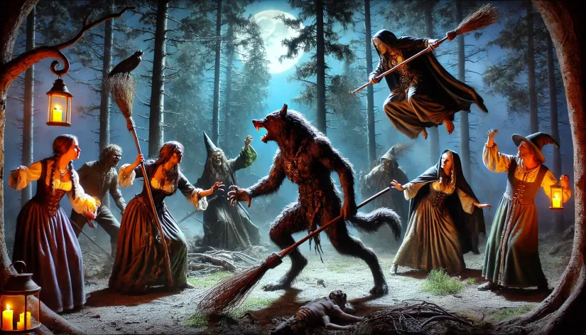 Thiess of Kaltenbrun as a werewolf battling witches in a mystical medieval forest.