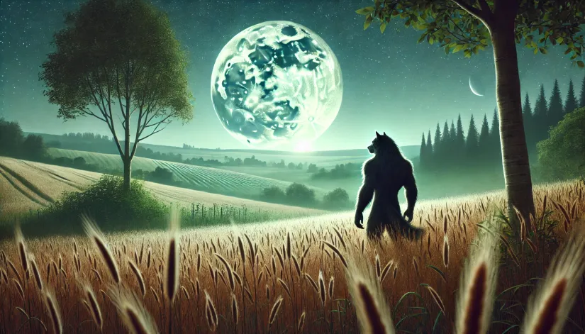 Werewolf-Peaceful-Countryside-Moon Peaceful countryside under a full moon with a werewolf standing in a field of tall grass, gazing towards the horizon.