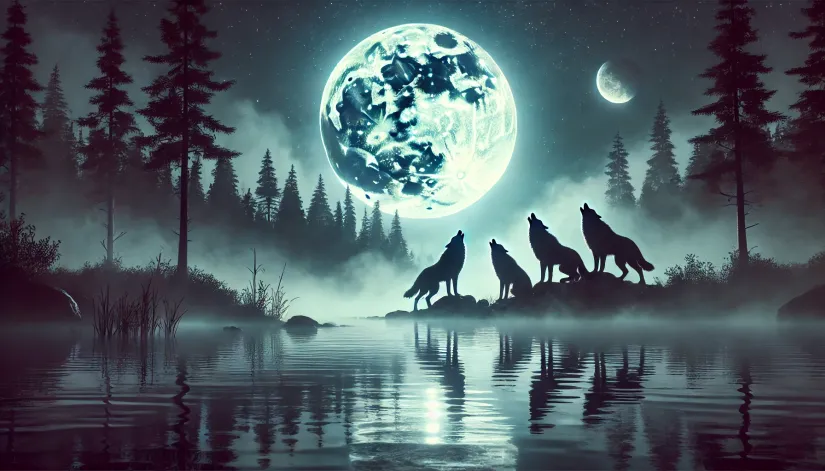 Werewolves-Misty-Lake-Moonlight Full moon night over a misty lake with silhouettes of werewolves howling on the shore and moonlight reflecting on the water.