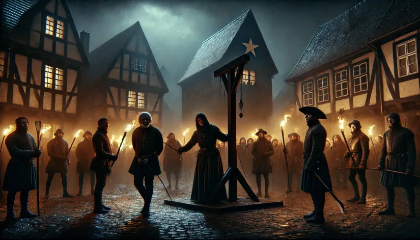 Thiess of Kaltenbrun being led to the whipping post in a grim medieval village square at night.