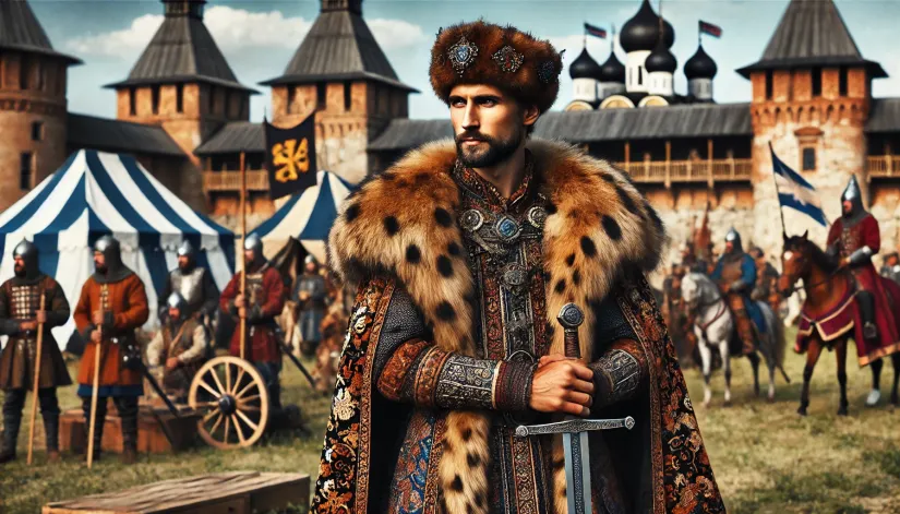 Vseslav of Polotsk in regal attire, medieval Eastern European setting