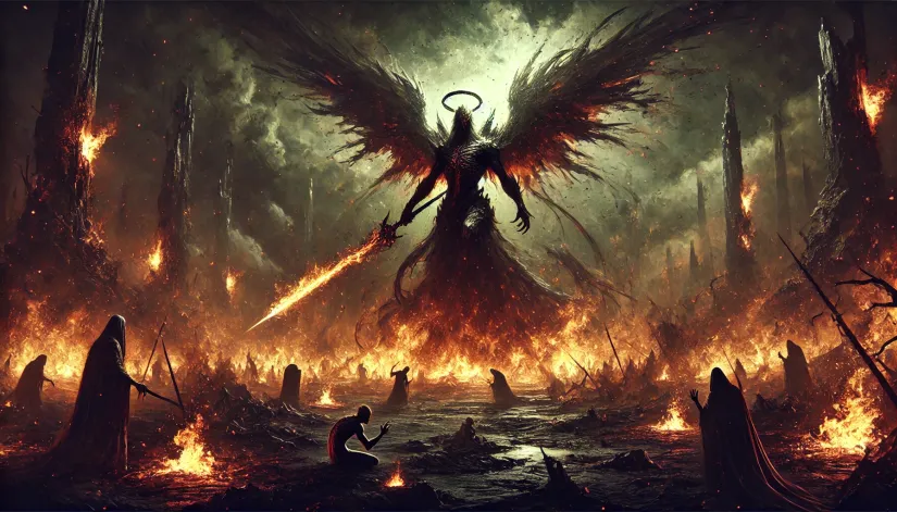 Abaddon towering over a fiery battlefield, wielding a sword amidst chaos and destruction.