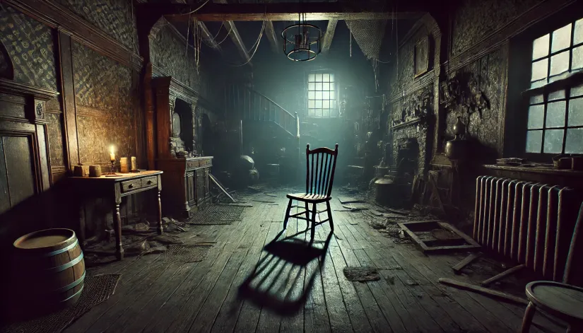 A haunting scene of a dimly lit, abandoned inn interior with a single wooden chair casting a long shadow on the floor.