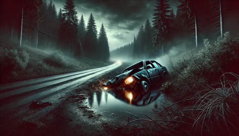 The aftermath of a car crash on a lonely, dark road with the wrecked vehicle partially submerged in a ditch and flickering headlights.