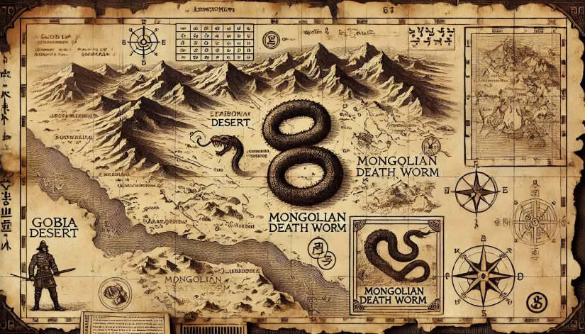 Ancient map of the Gobi Desert with a depiction of the Mongolian Death Worm.