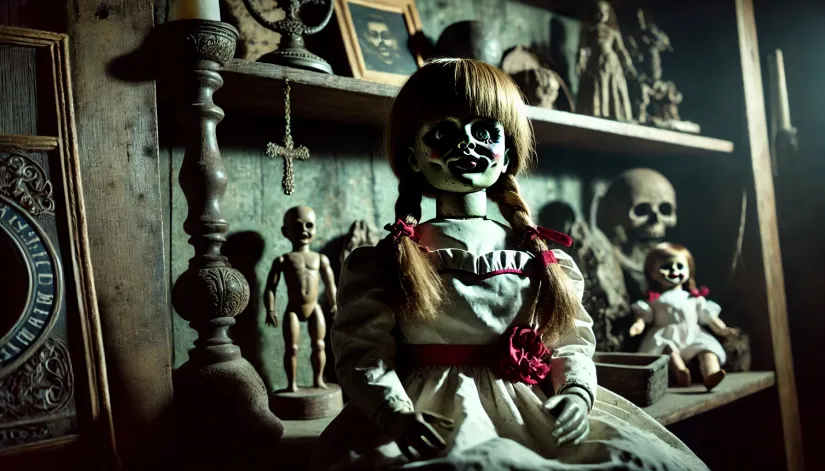 The sinister Annabelle doll surrounded by eerie artifacts from the Conjuring Universe