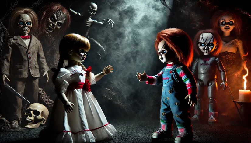 Annabelle, the Raggedy Ann doll, facing off against Chucky from 'Child's Play' in a tense, eerie, and chaotic setting.