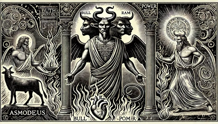 Asmodeus-Demon-of-Lust-and-Power Black and white engraving-style illustration of Asmodeus, the demon of lust and power, with three heads and a serpent's tail, standing in a dark setting.