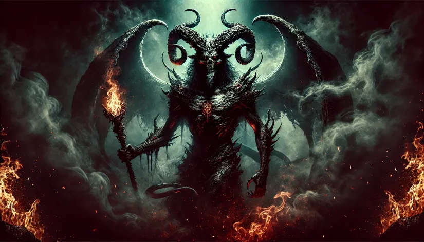 A dark depiction of Asmodeus, the demon of lust, in a shadowy, hellish environment with flames and smoke.