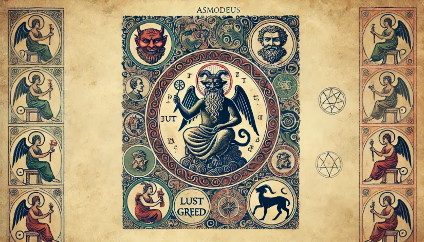 Asmodeus-Demonology-Seven-Deadly-Sins Illustration of Asmodeus surrounded by symbols of the seven deadly sins, particularly lust and greed, in the style of an ancient religious manuscript.