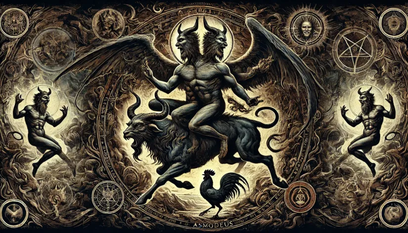 A dark depiction of Asmodeus, the King of Demons, with three heads riding an infernal dragon in a chaotic environment.