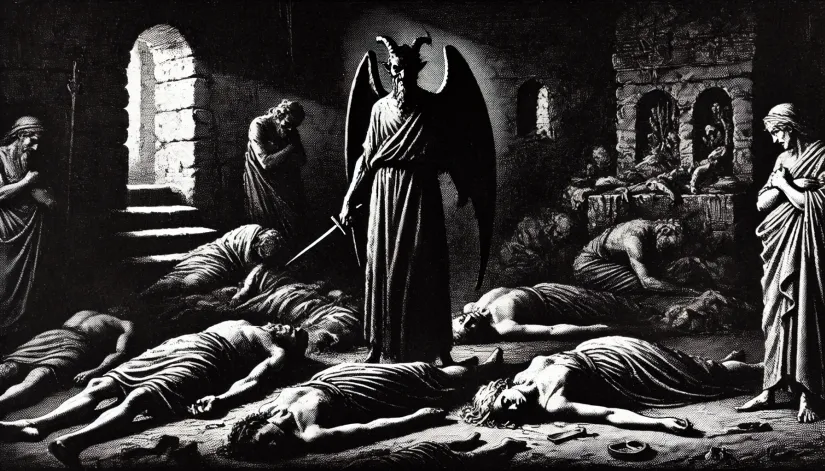 Asmodeus-Murdering-Sarahs-Husbands-Tobit Black and white depiction of Asmodeus murdering the seven husbands of Sarah in a shadowy, ancient setting from the Book of Tobit.