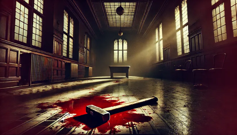 A dark image of a blood-stained hammer lying on the floor inside Danotty Hall, with shadows cast by broken windows.