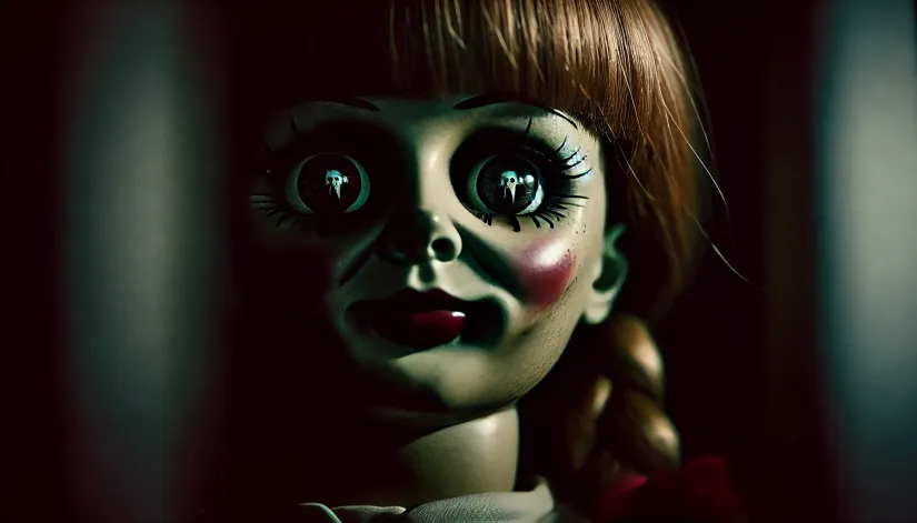 Annabelle true story facts: A close-up of the Annabelle doll's glassy eyes