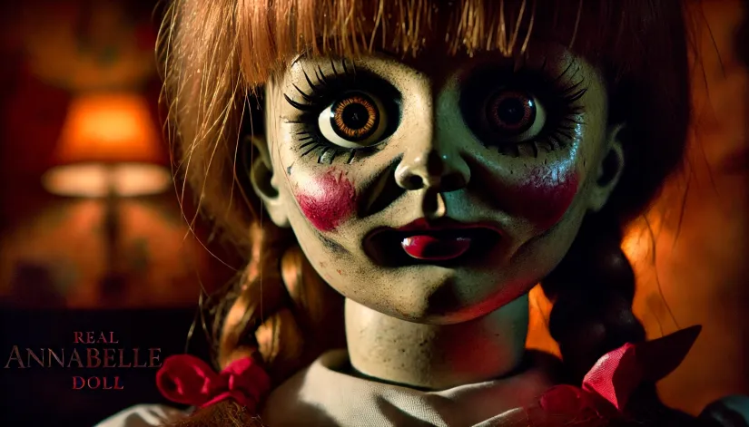 Close-up of the real Annabelle doll’s face with an eerie, intense gaze and faint bloodstains