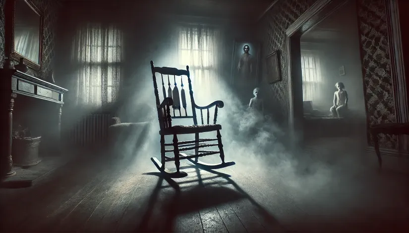 A somber, haunting scene of the Busby's Stoop Chair in a misty, shadowy room, surrounded by ghostly figures.