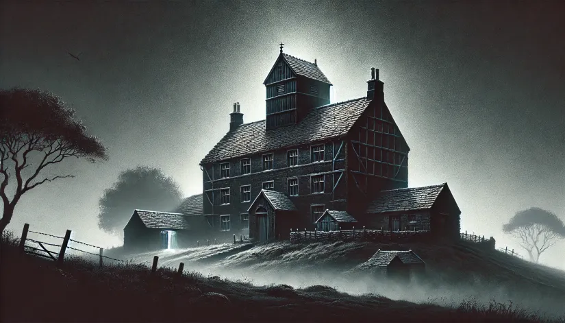 A haunting depiction of Danotty Hall at night, shrouded in darkness and surrounded by a foggy, desolate landscape.