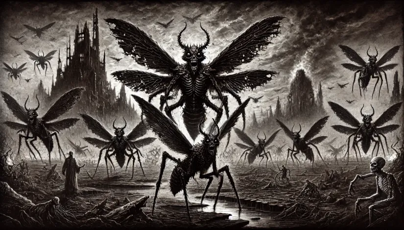 Demonic locusts swarming from the abyss under Abaddon's command, blotting out the sky.