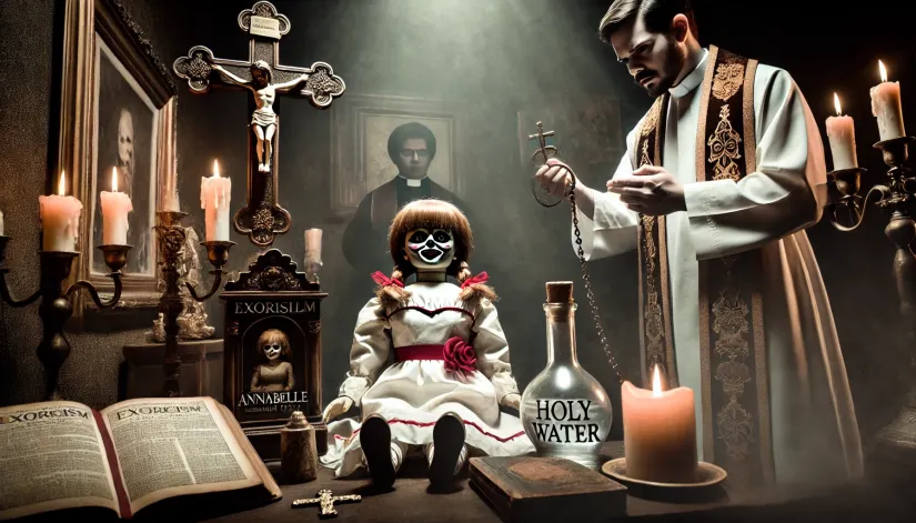 A priest attempting an exorcism on the Annabelle doll, surrounded by religious artifacts in a dimly lit, eerie room.