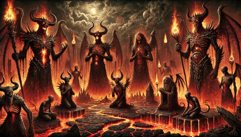 A nightmarish depiction of the 15 Marquises of Hell in a fiery, chaotic landscape with lava and dark clouds.